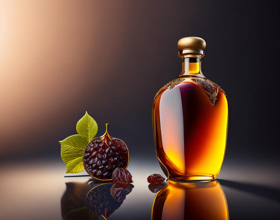 Amber-Colored Liquor Bottle with Fig and Leaf in Warm Backlit Setting