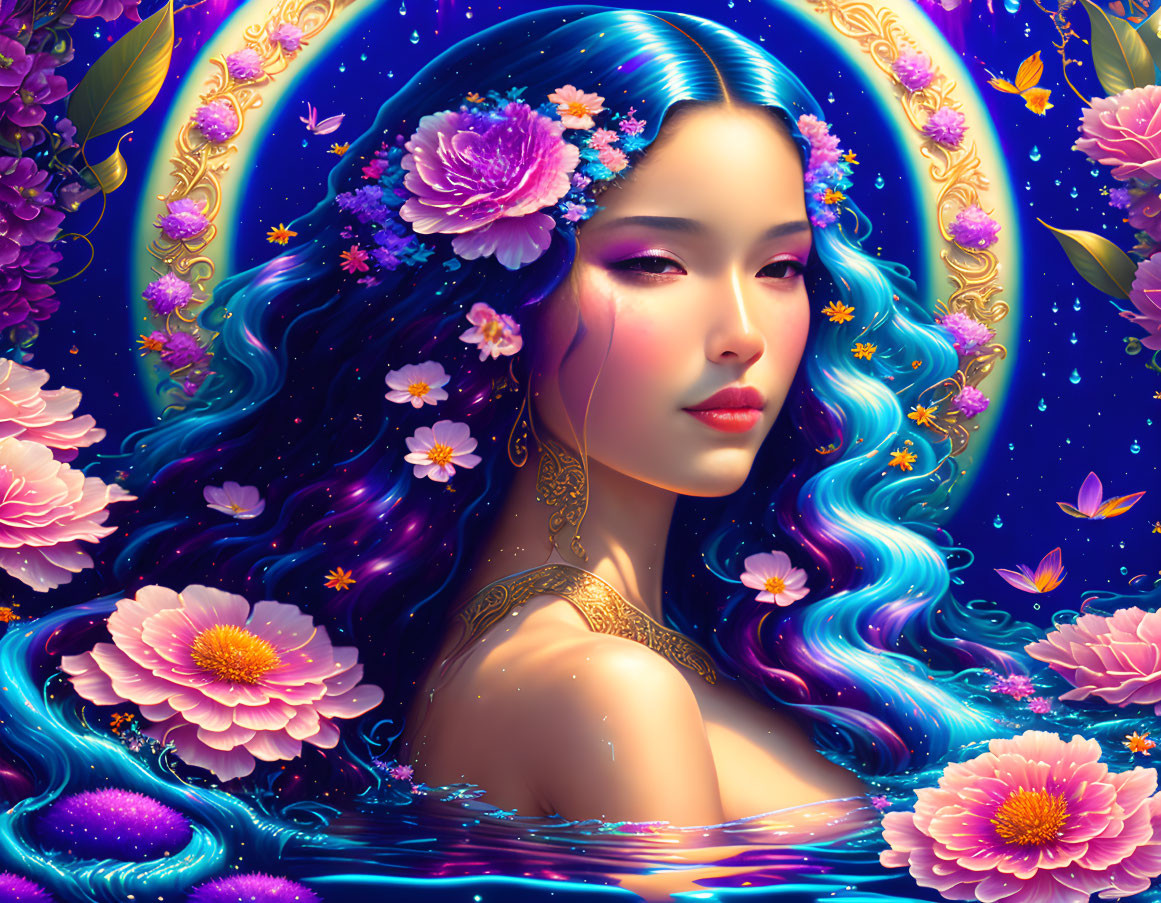 Illustrated portrait of woman with blue hair and pink flowers on cosmic background.