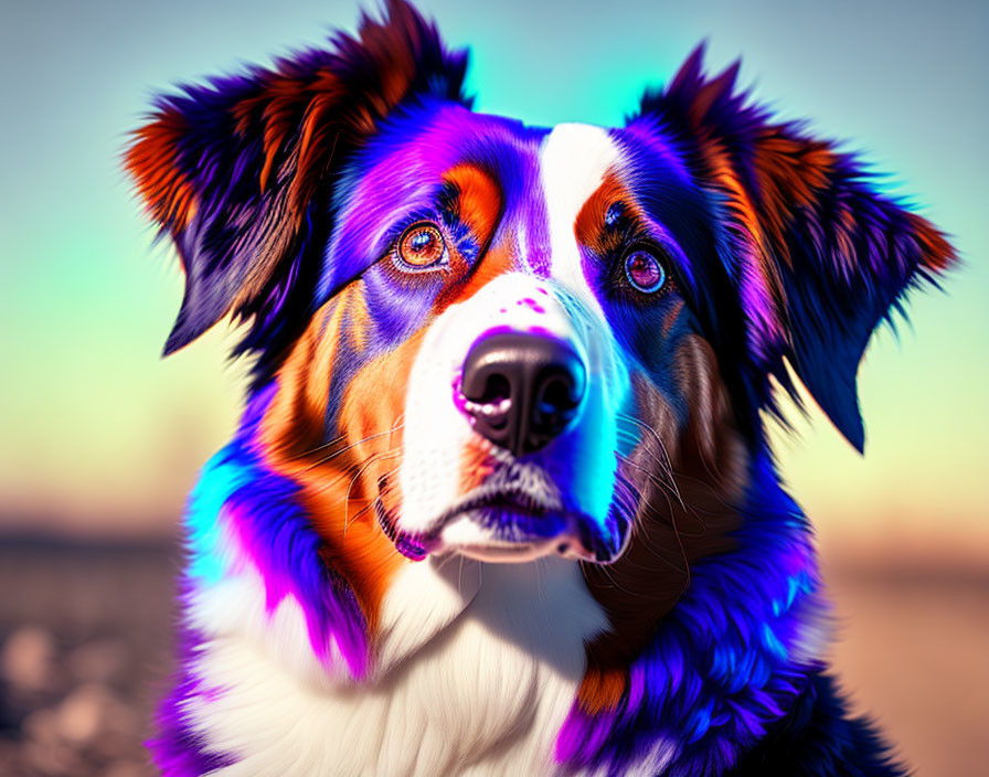 Vibrant digitally altered Australian Shepherd dog in blue, purple, and orange shades