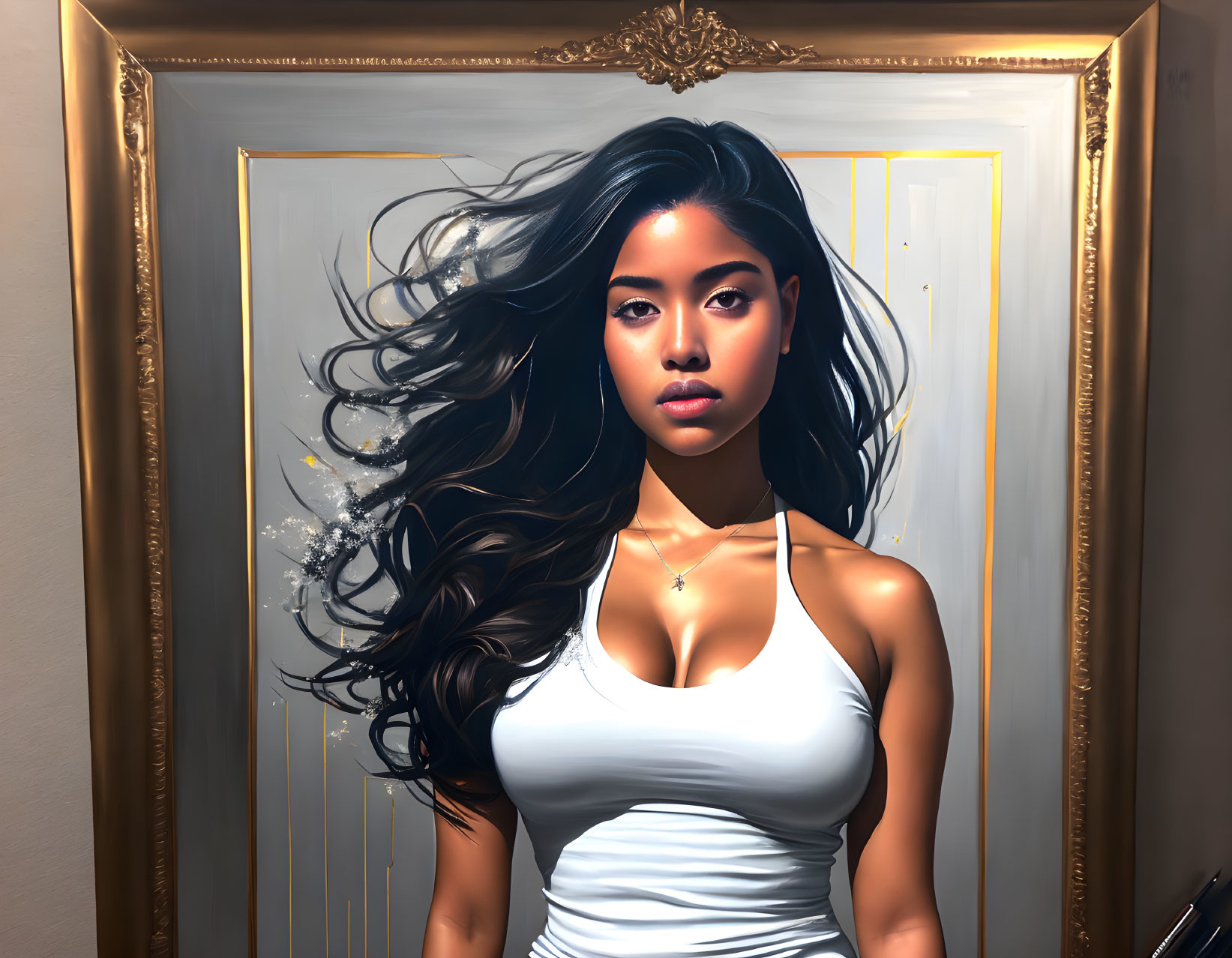 Illustrated portrait of woman with flowing hair in white tank top against framed background