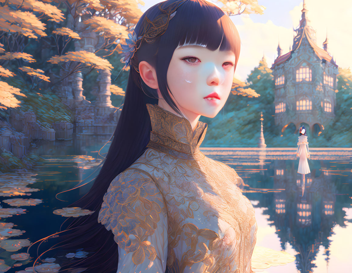 Illustrated female character in black hair and gold attire by tranquil lake with autumn trees and elegant building.