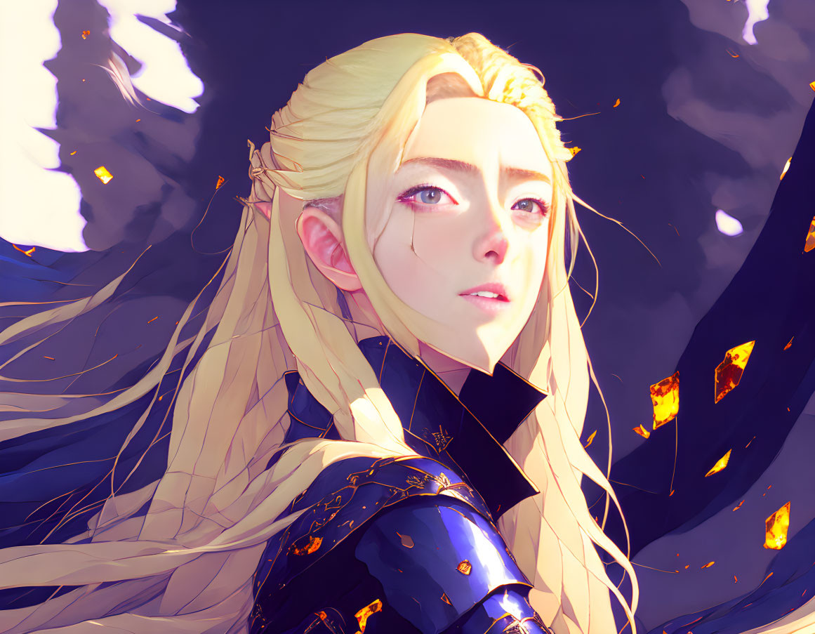 Blonde-Haired Character in Dark Armor Under Night Sky