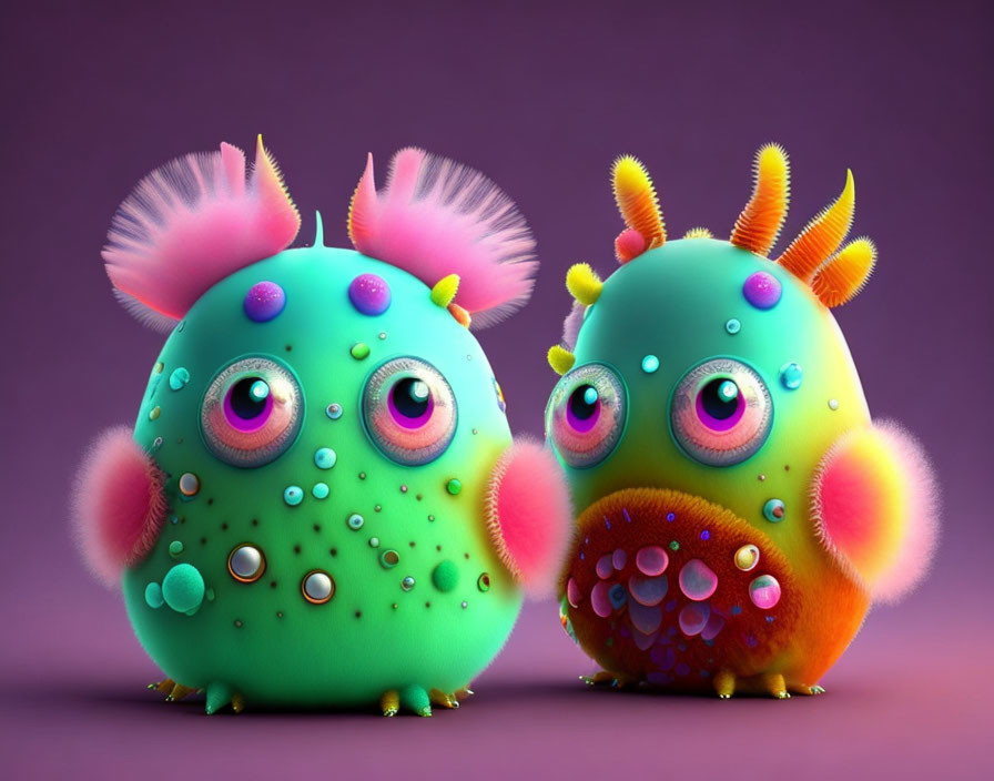 Colorful Whimsical Creatures with Big Eyes on Purple Background