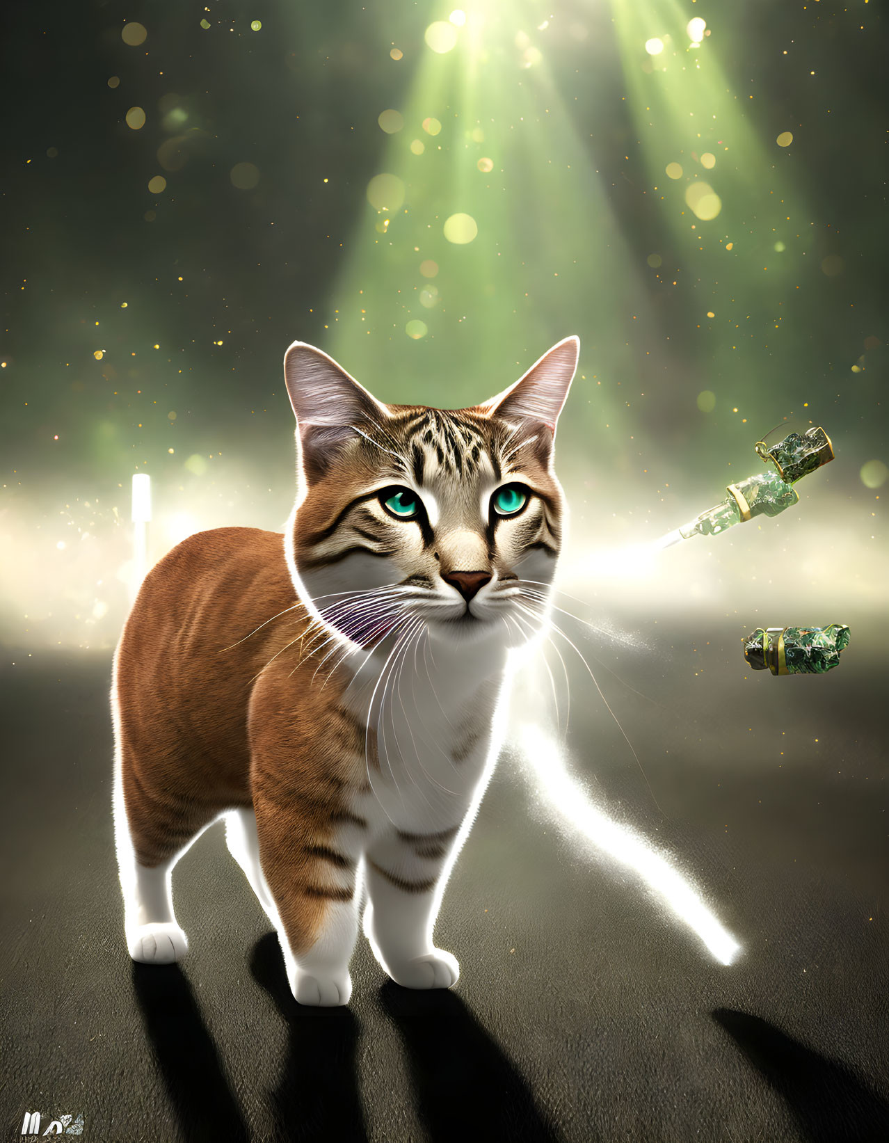 Majestic cat with blue eyes in cosmic setting with green crystals