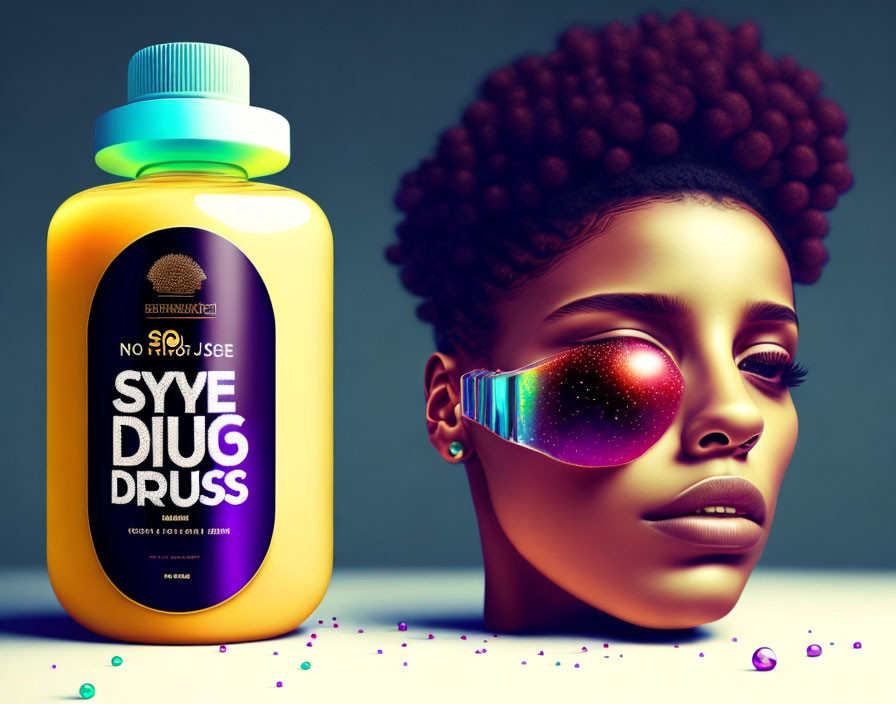 Vibrant Afro Hair Woman with Futuristic Glasses and Colorful Bottle