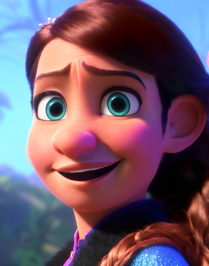 Close-up of smiling animated female character with blue eyes, braided brown hair, sparkly blue dress