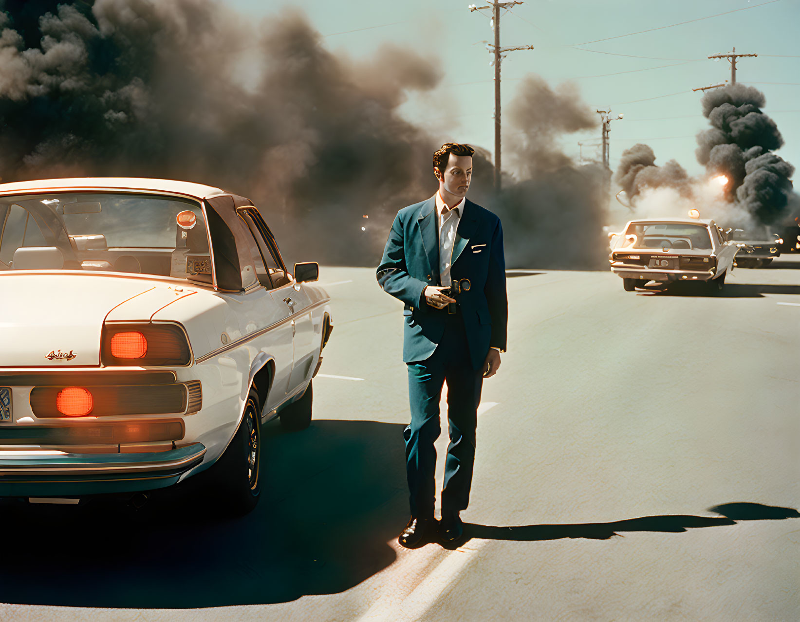 Man in Blue Suit Walking on Sunny Road with Vintage Cars and Smoke Plumes