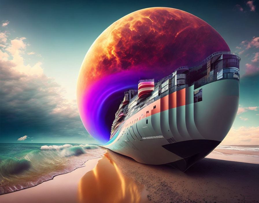 Surreal circular cruise ship with red planet above beachscape