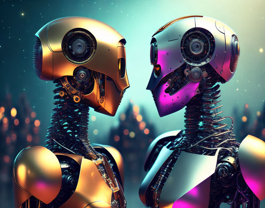 Detailed Gold and Silver Humanoid Robots in City Night Scene