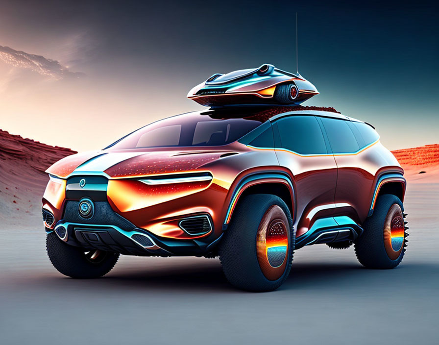 Futuristic orange SUV with luminous wheel trims in desert with floating drone