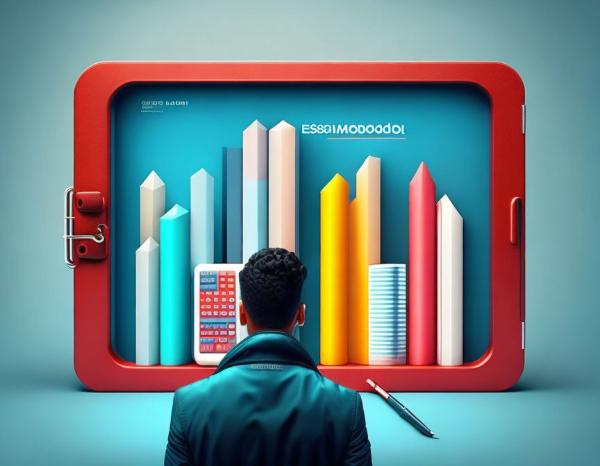 Three-dimensional bar graph with business icons in red briefcase