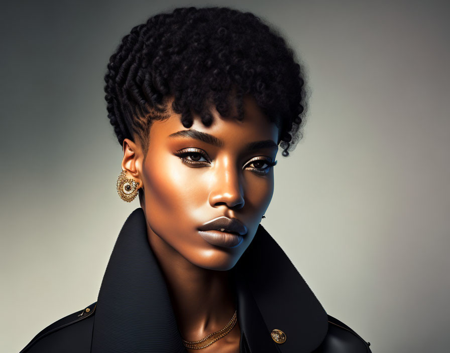 Portrait of woman with stylish curly hair and glamorous makeup in chic black outfit and elegant earrings against muted background