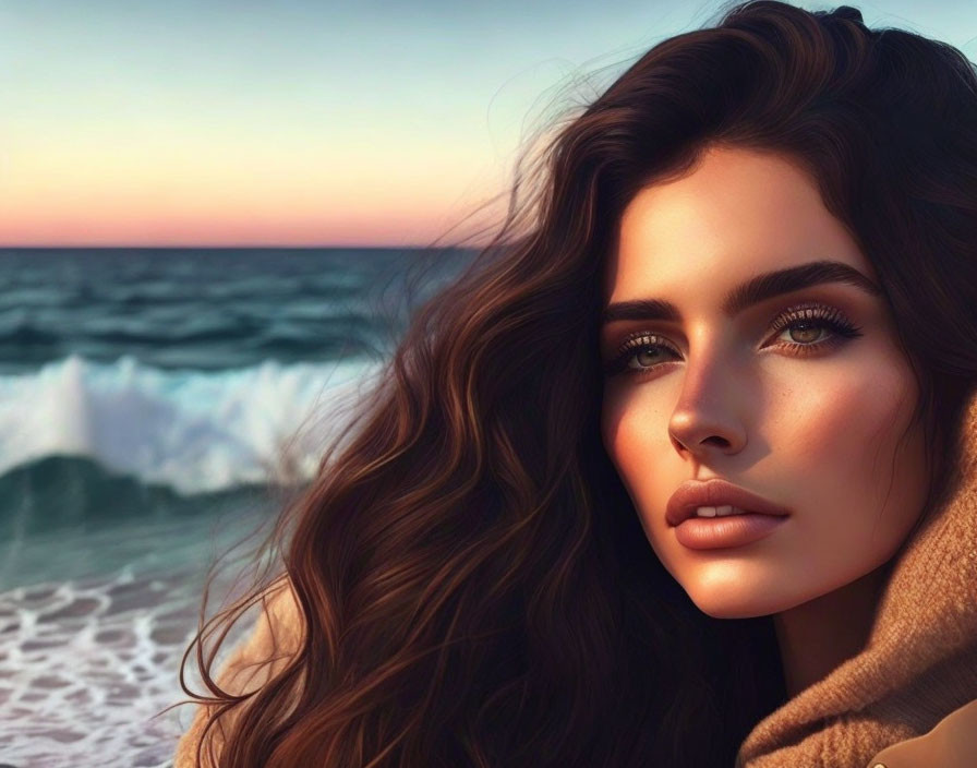 Woman's digital portrait with long wavy hair at sunset beach, featuring green eyes and cozy scarf.