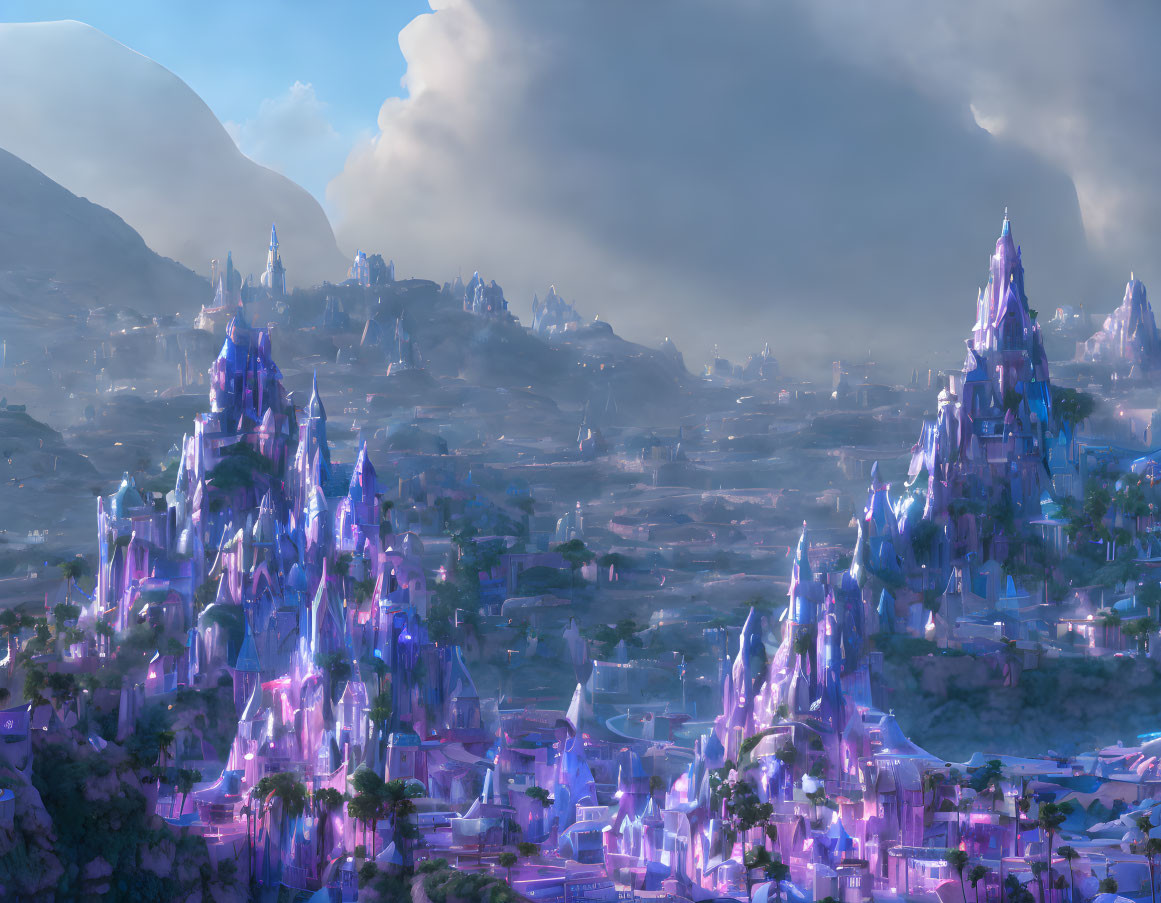 Fantastical landscape with pink and purple crystal-like castles amid hazy mountains