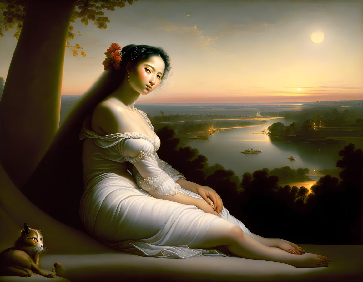 Woman in White Dress Sitting Under Tree at Sunset with River Landscape and Cat