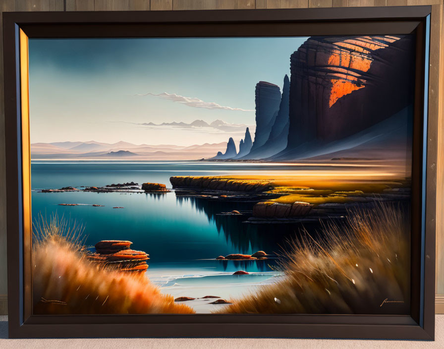 Tranquil lake landscape painting with rocky shores and towering cliffs