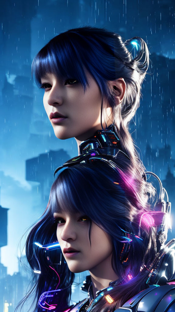 Futuristic digital artwork: two women in cybernetic suits with blue hair, neon elements,