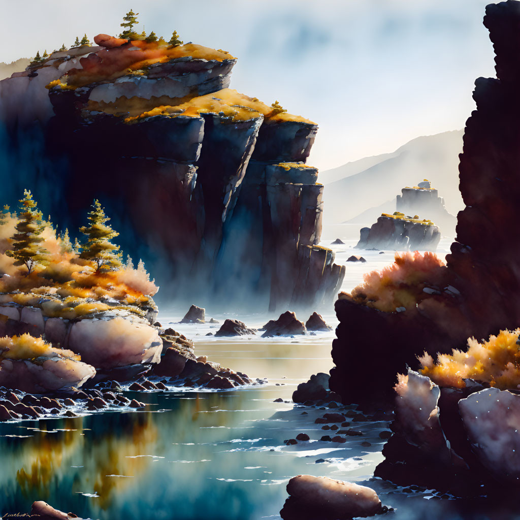 Tranquil landscape with misty sea cliffs and lush evergreens