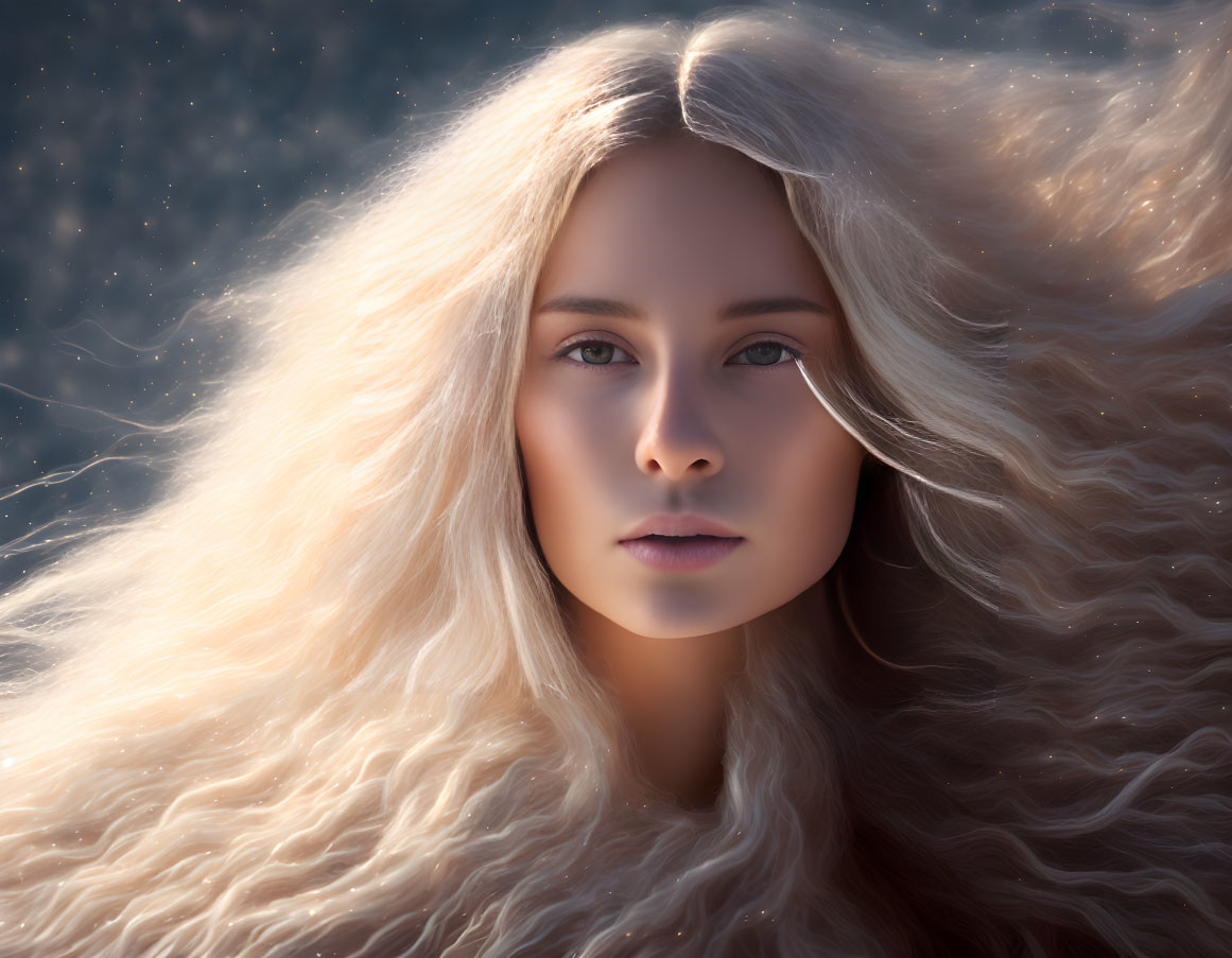 Blonde woman portrait with dreamy aura and starry backdrop