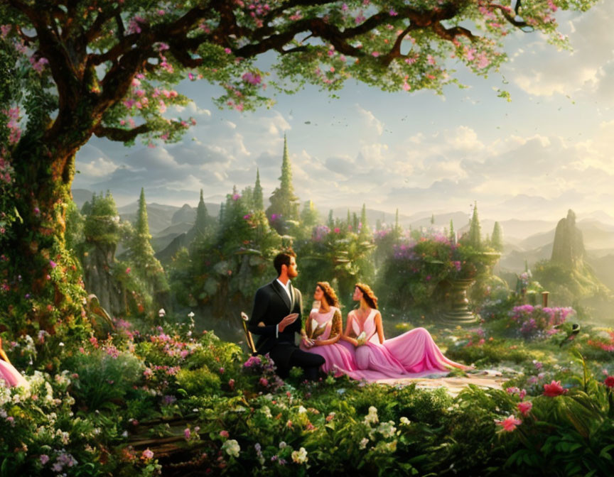 Couple under blossoming tree in vibrant fantasy landscape