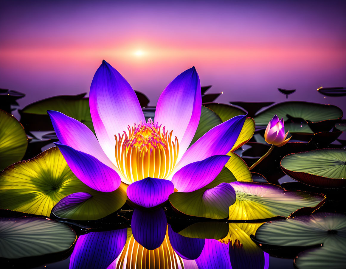 Colorful digital artwork: Purple and blue lotus flower in serene sunset scene