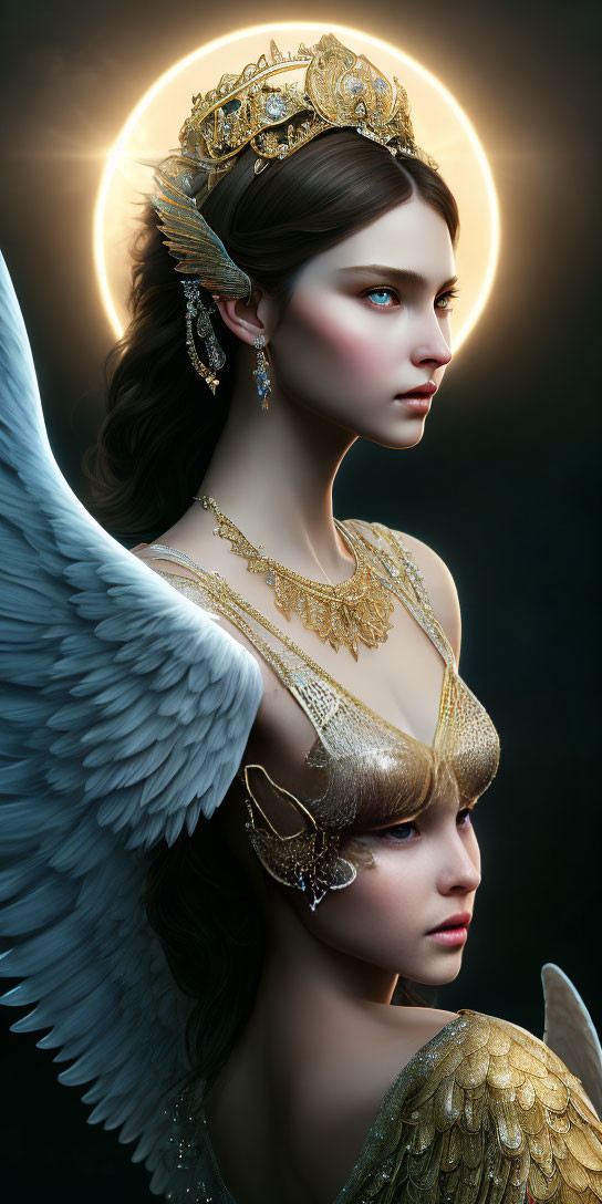 Digital artwork: Woman with angel wings, golden headdress, halo, jewelry, and stoic expression