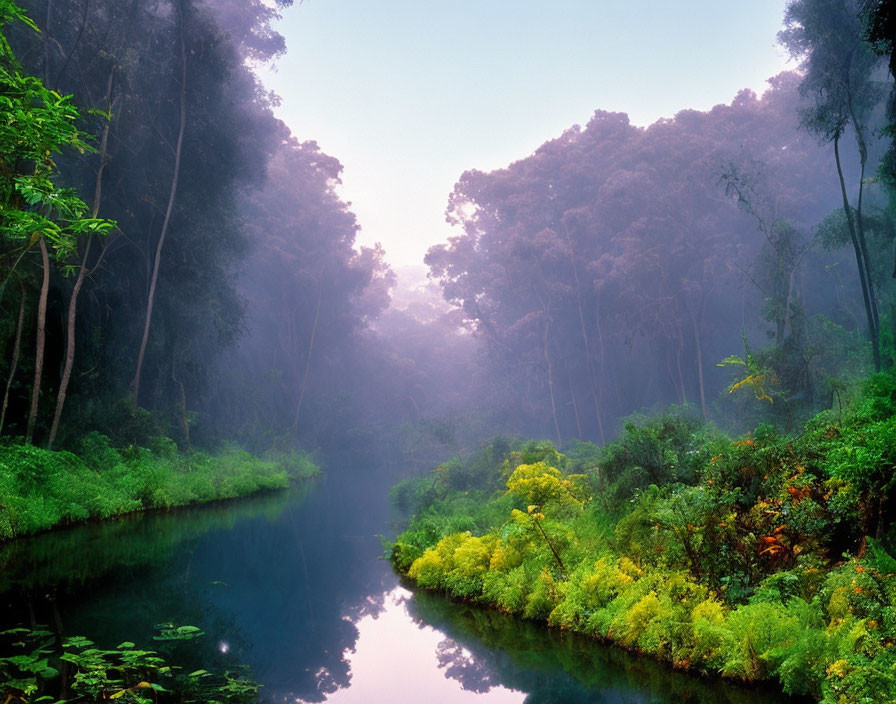 Tranquil River Scene with Lush Green Forests and Fog