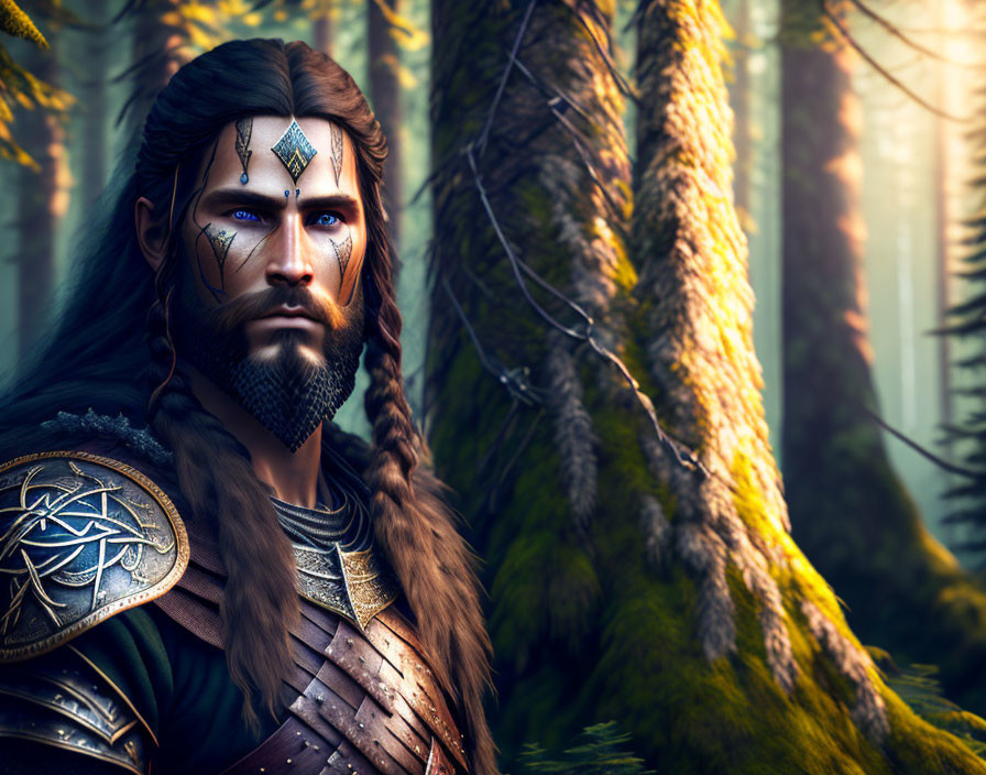 Majestic bearded warrior in ornate armor in mystical forest