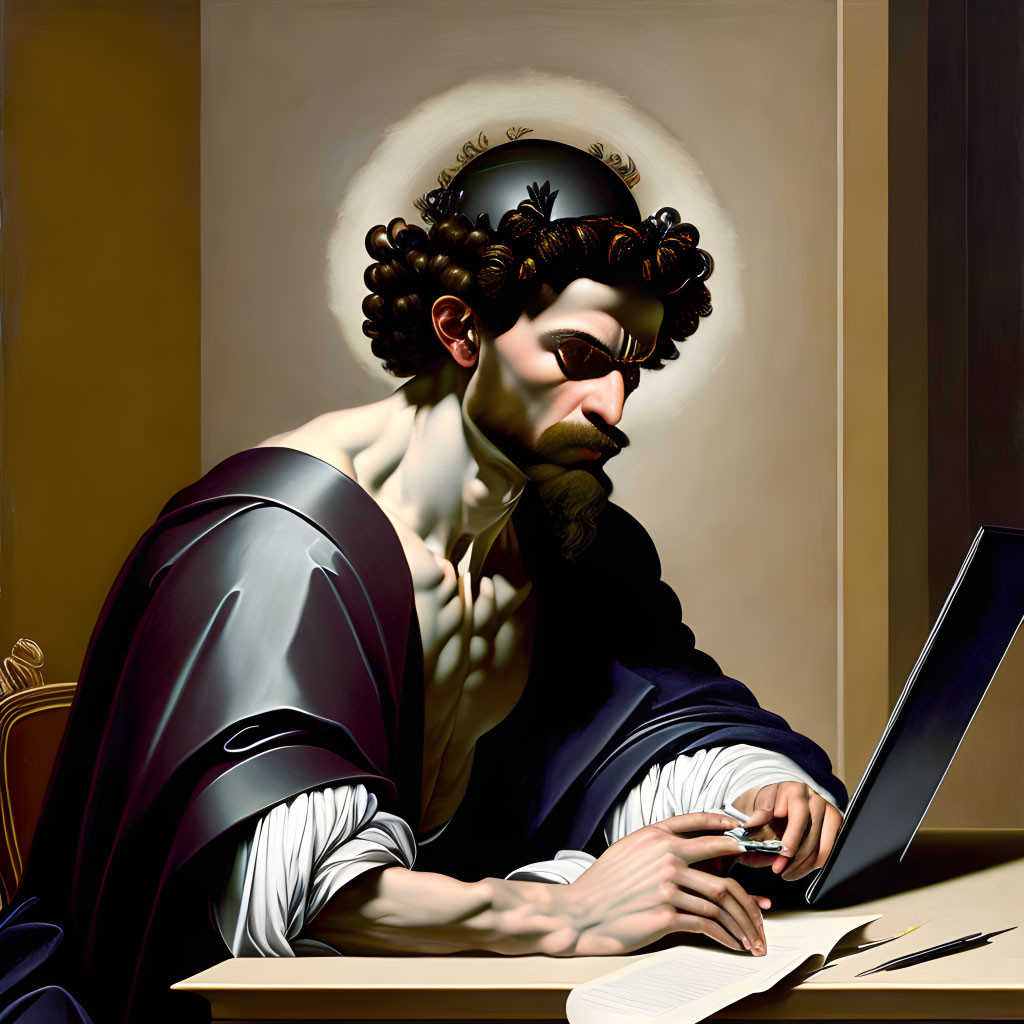 Modern Saint Iconography with Laptop on Stark Background