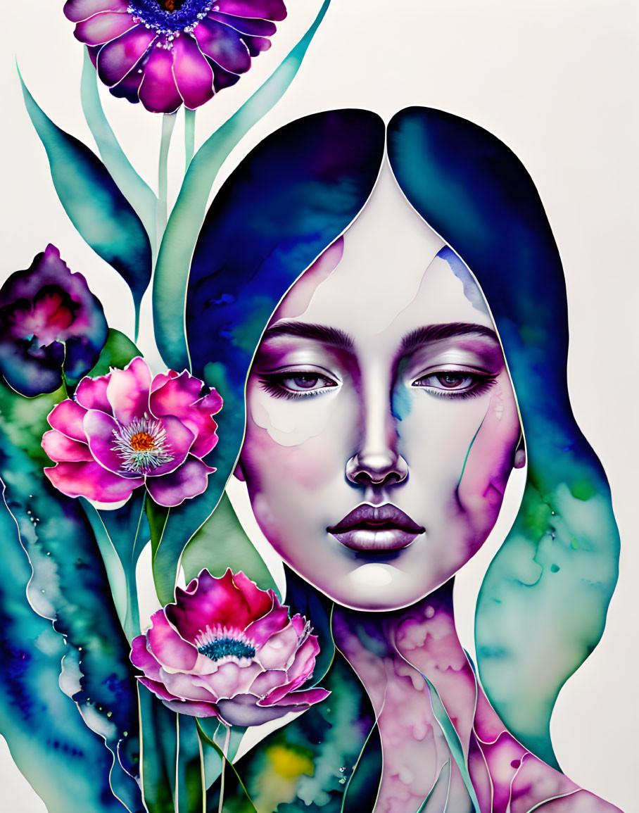 Vibrant woman's face with floral motifs in blue, purple, and pink