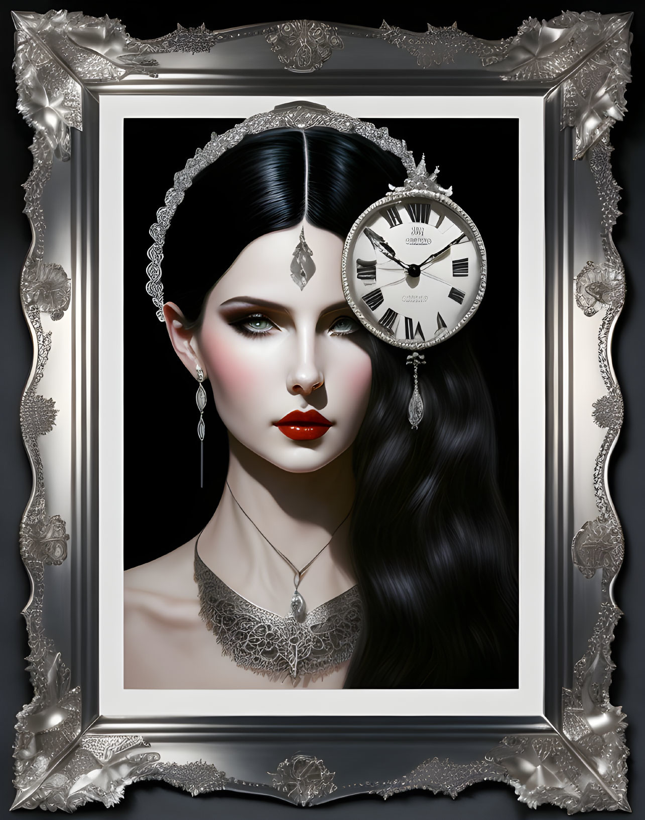 Surreal digital artwork of woman with clock face eyes in ornate silver frame