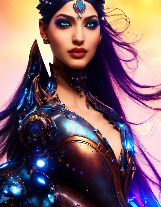 Digital portrait of a woman with blue eyes, purple hair, and ornate armor.