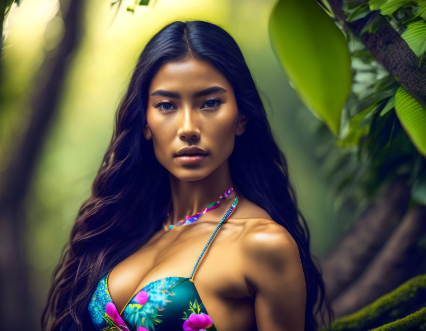 Dark-haired woman in floral top and necklace poses in tropical setting