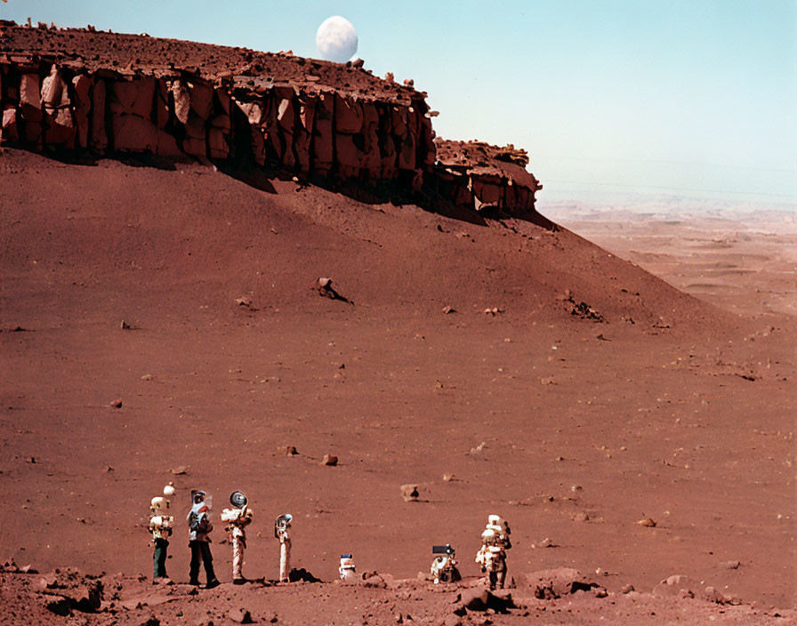 Astronauts in space suits explore Mars-like terrain with rover as Earth looms in sky