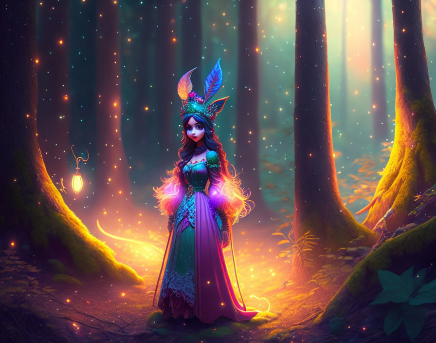 Digital artwork of mystical woman with feathers and lantern in enchanted forest