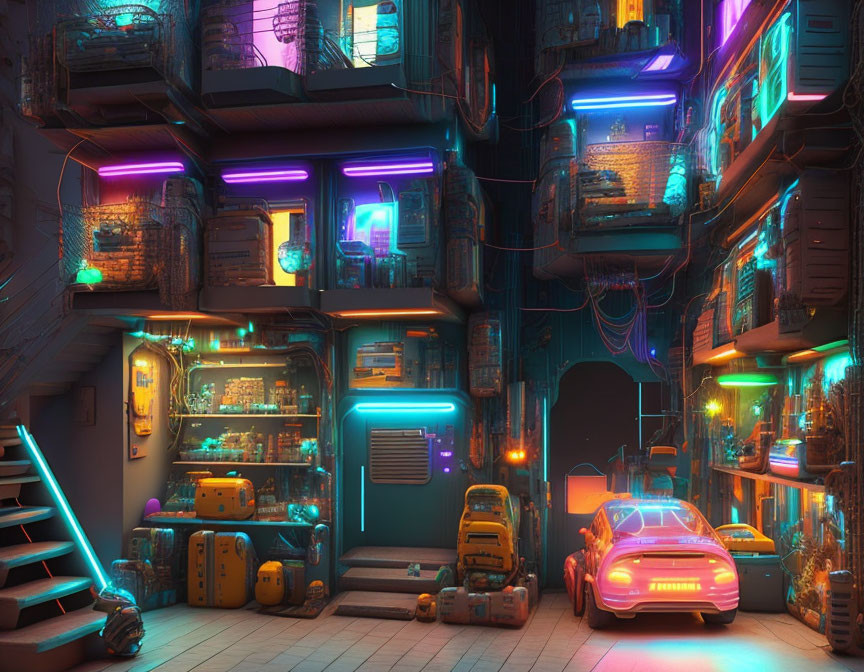 Futuristic cyberpunk alley with neon signs & bustling nightlife