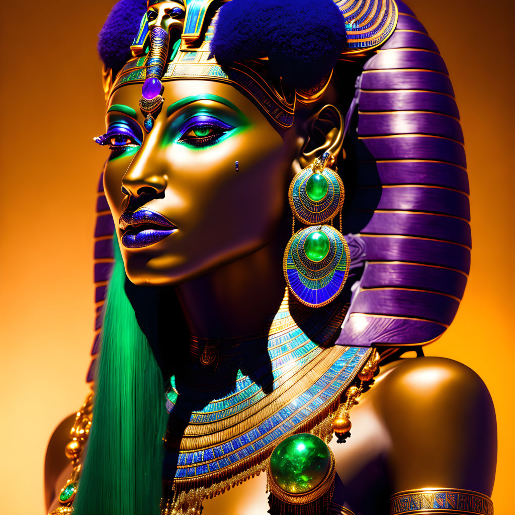 Colorful Egyptian Queen Portrait with Intricate Details on Orange Background