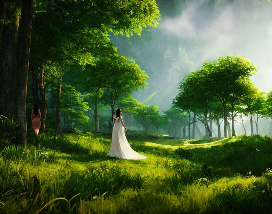 Woman in white dress in green forest with sunbeams, person leaning against tree