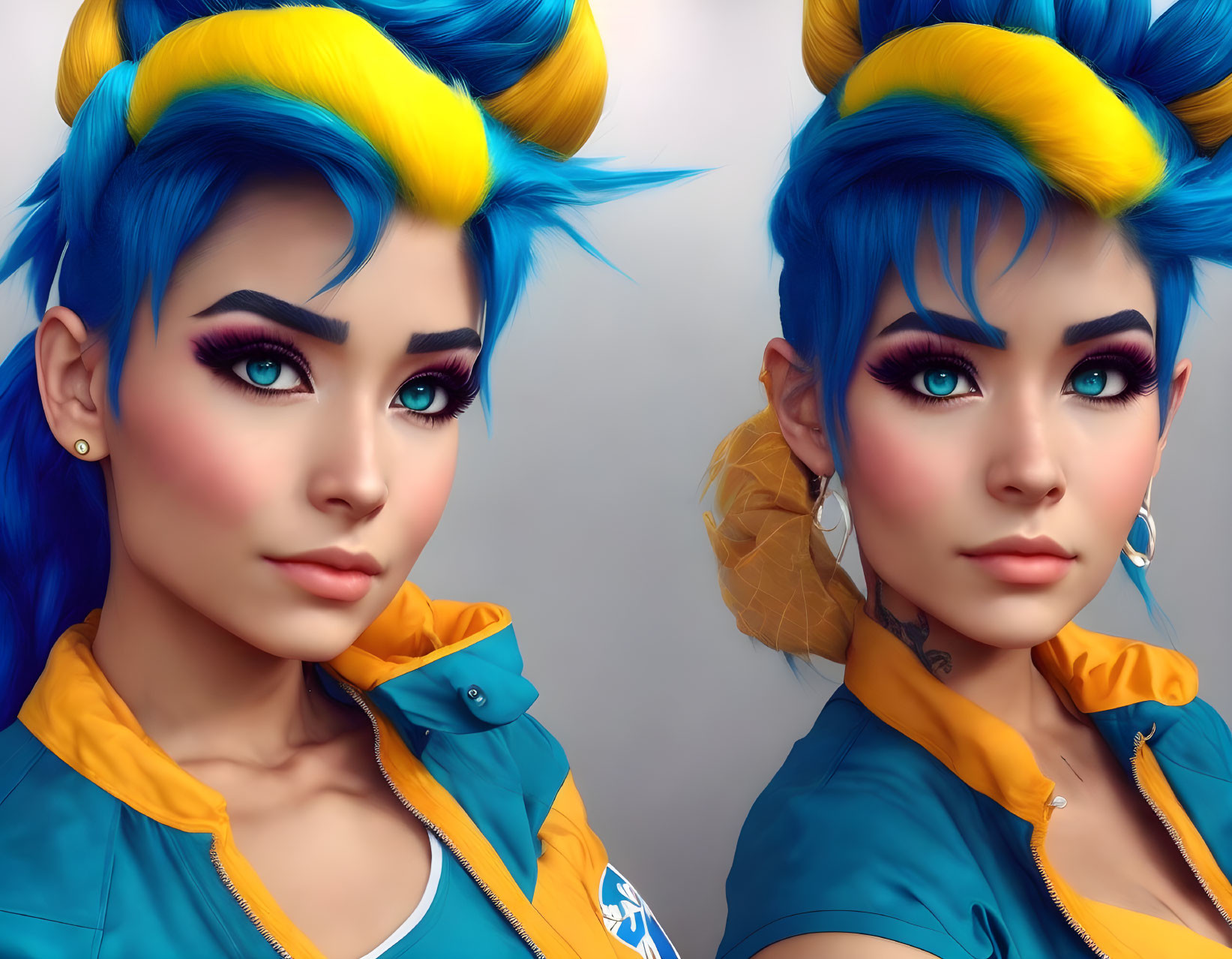 Stylized digital artwork of two female characters with blue and yellow hair wearing orange and teal jackets