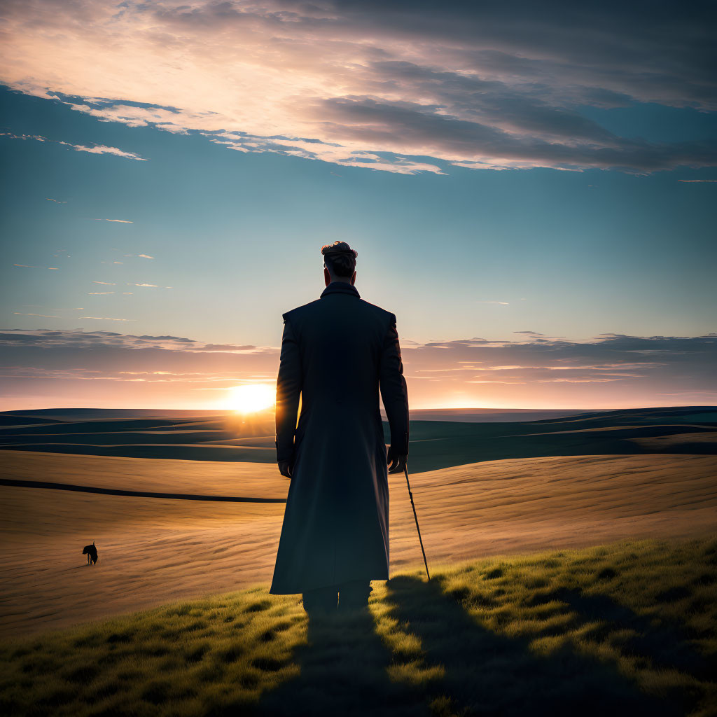 Man in coat with dog overlooking sand dunes at sunset