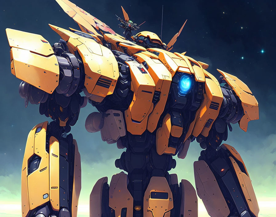 Colossal Yellow and Blue Mech with Glowing Blue Eye at Dusk