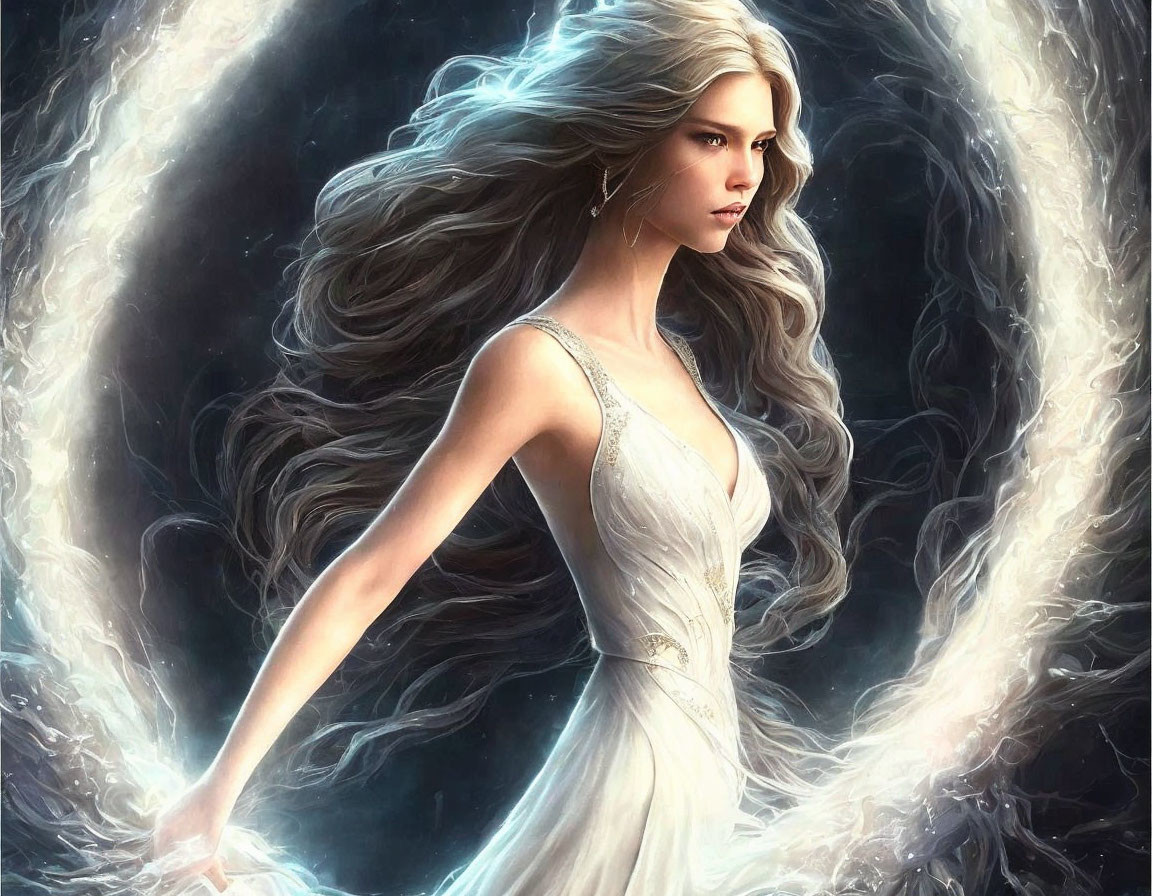 Ethereal woman in white dress surrounded by swirling light tendrils