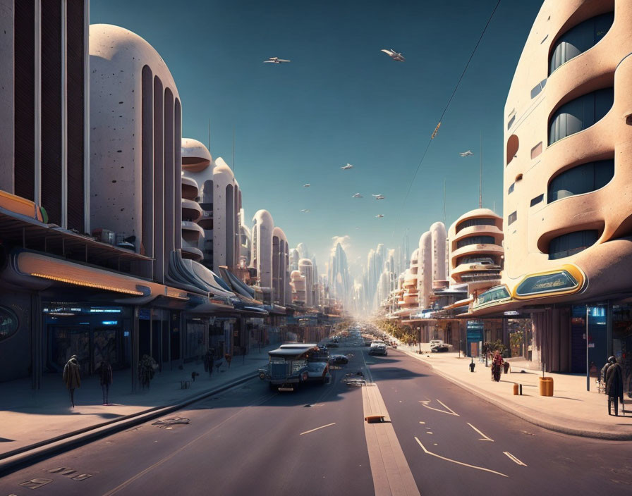 Modern cityscape featuring futuristic architecture and flying vehicles.