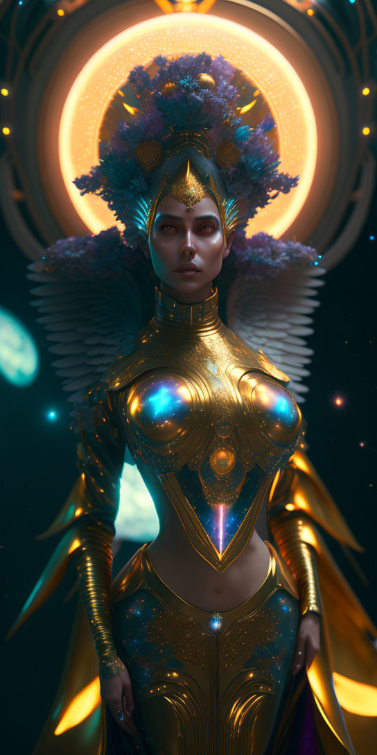 Golden armored figure with halo headpiece in celestial sci-fi setting