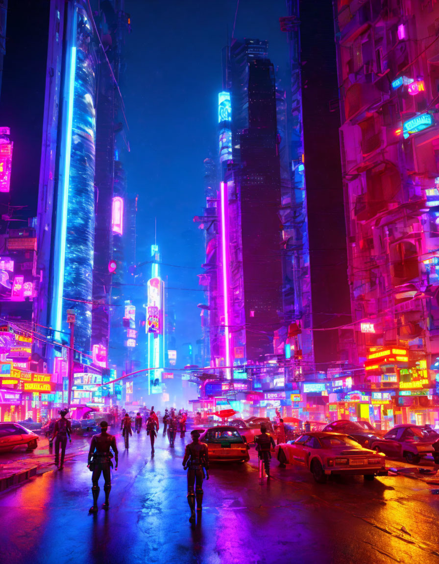 Futuristic cyberpunk cityscape with neon lights, skyscrapers, pedestrians, and vehicles at