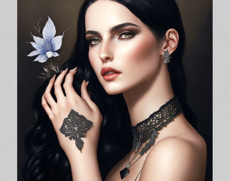 Digital artwork featuring woman with dark hair, lace choker, floral tattoo, holding blue flower