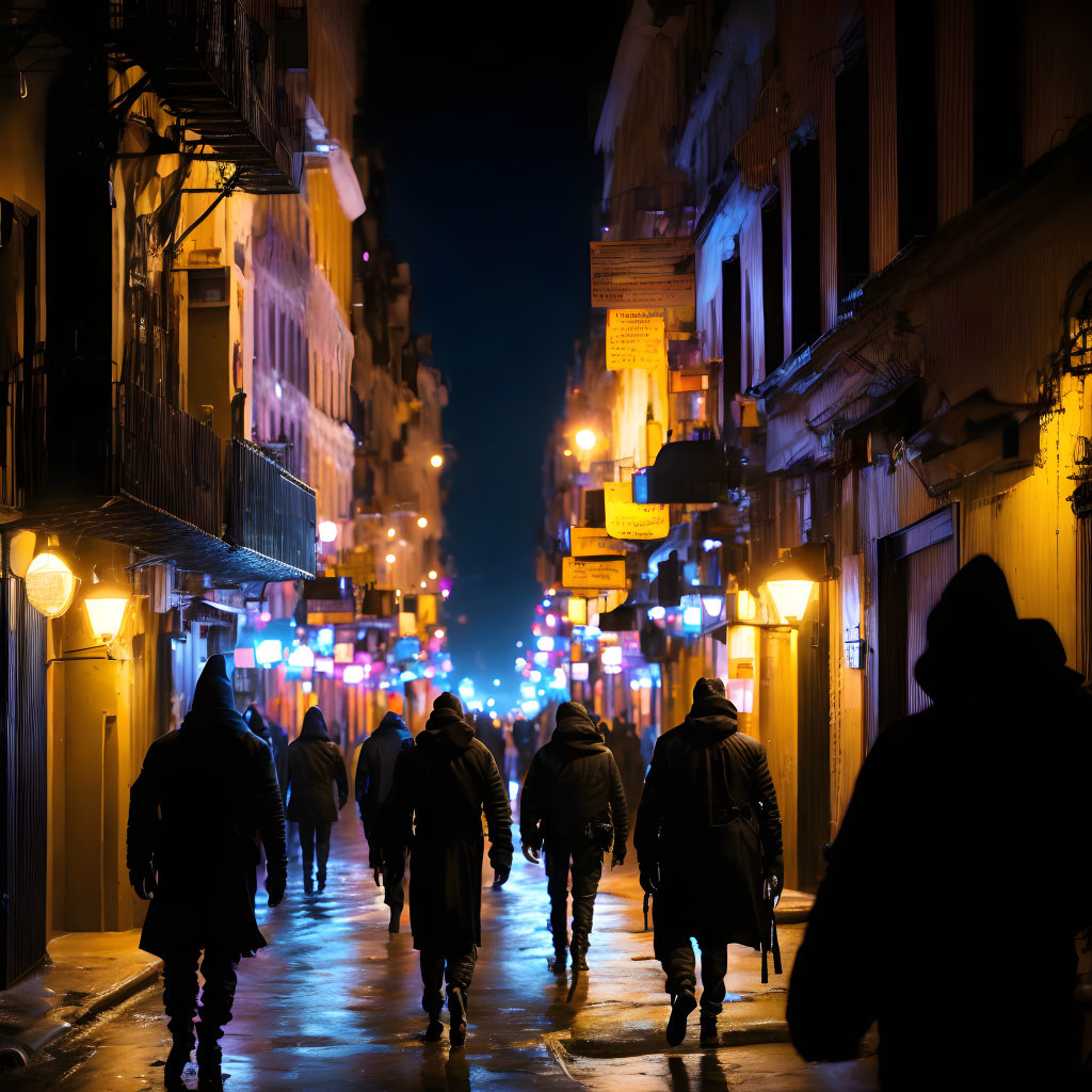 City street at night with illuminated signs and warm street lights.