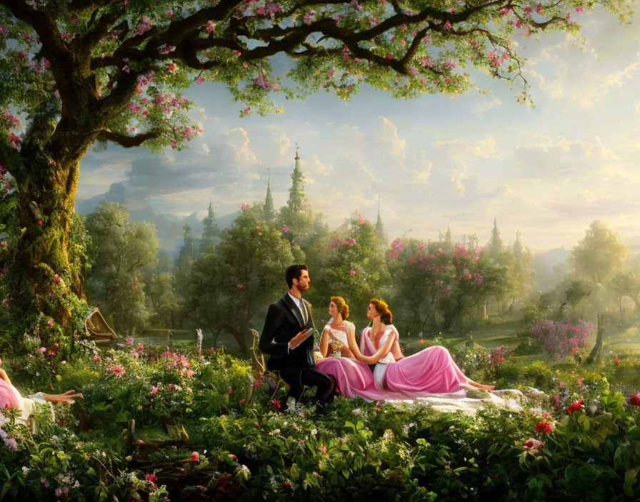 Man and woman in formal attire under blossoming tree in serene landscape