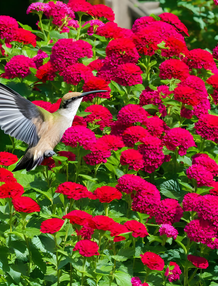 Colorful Hummingbird Hovering Among Red Flowers in Lush Garden