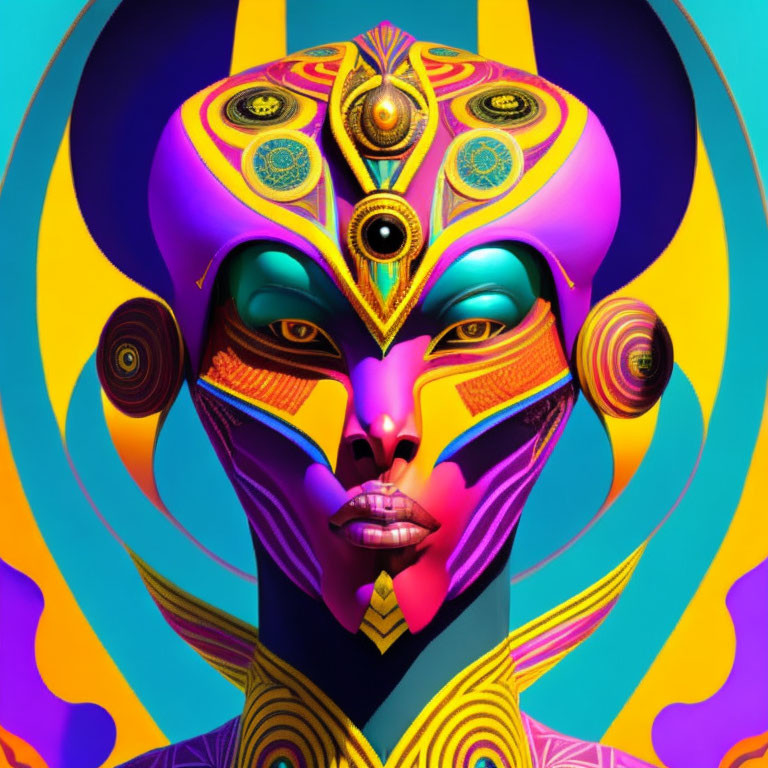 Colorful Digital Artwork Featuring Stylized Face and Multiple Eyes